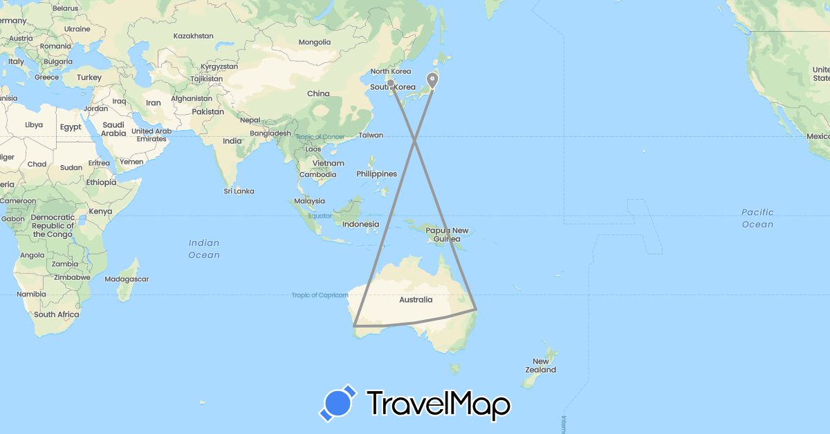 TravelMap itinerary: driving, plane in Australia, Japan, South Korea (Asia, Oceania)
